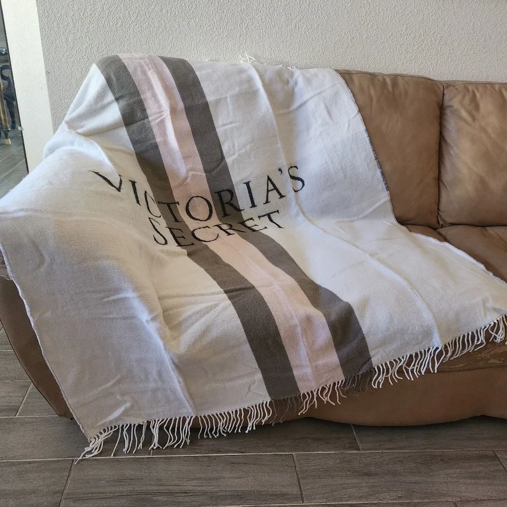 Victoria's Secret VS Throw Blanket White Pink Grey Logo Fringe Striped Cozy
